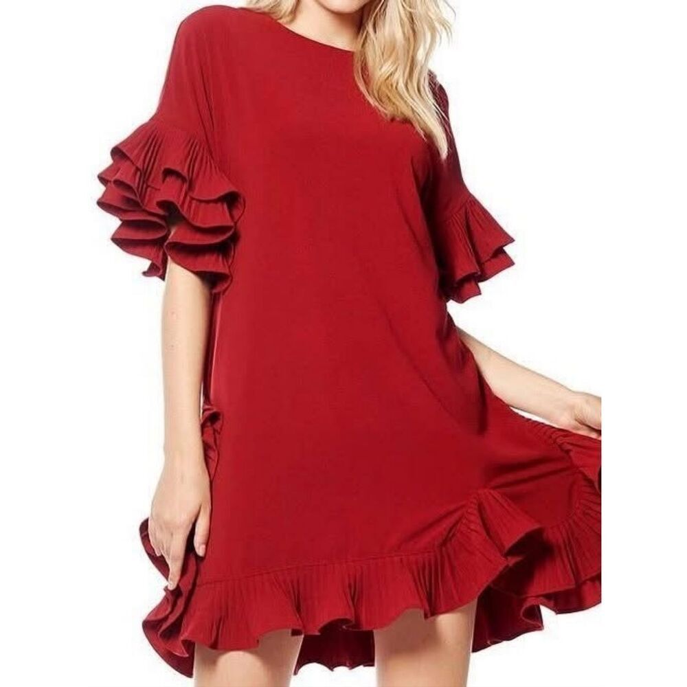 Red Size M Ruffle Sleeve Hem Flounce Samba Mini Dress